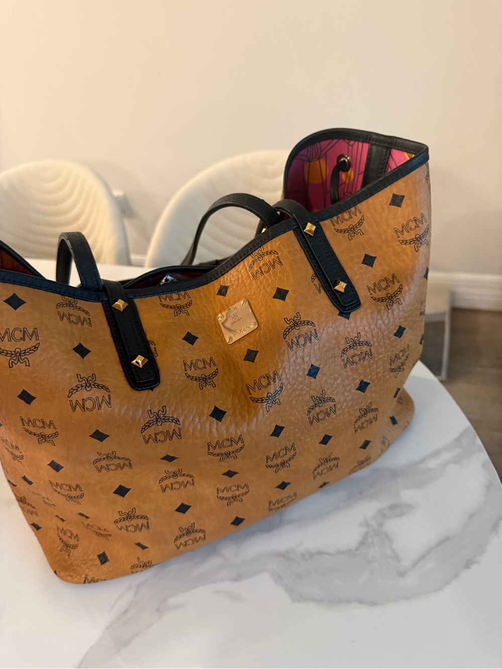 MCM Cognac Visetos Tote with Black Trim and Pink Interior